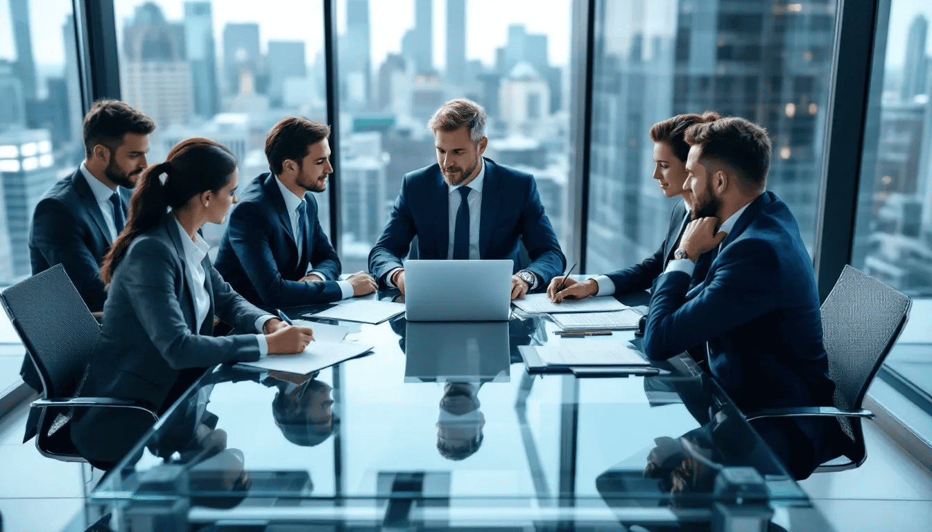 A group of law firm consultants discussing strategies for law firm's success.