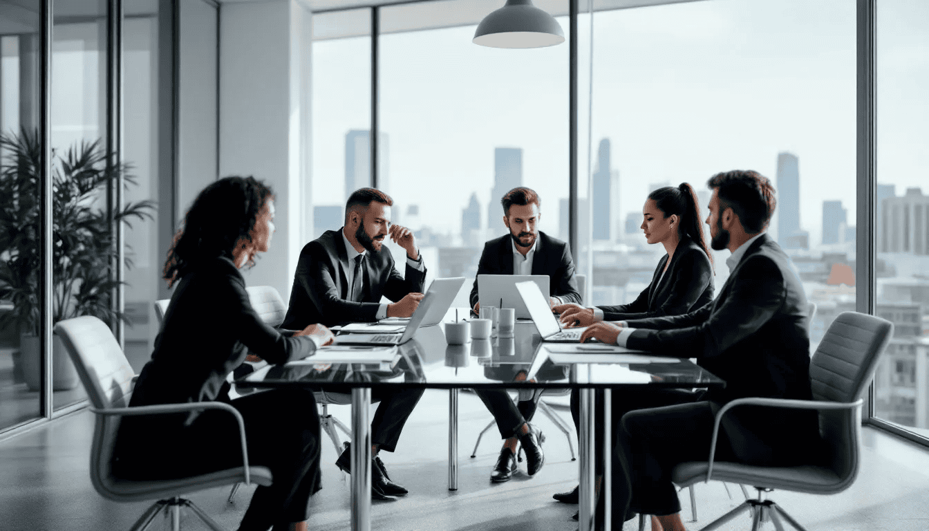 A team of attorneys adapting to market changes through strategic discussions.