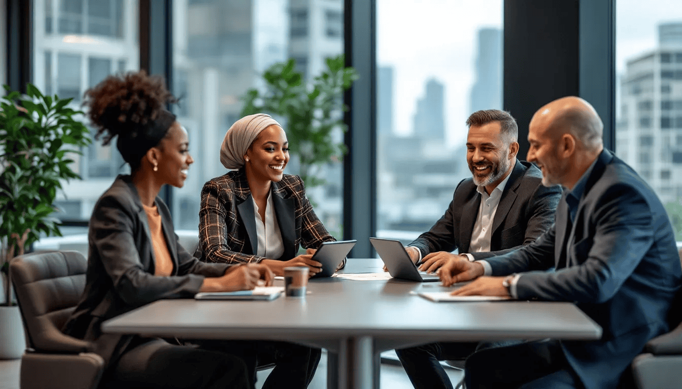 A diverse group of legal professionals discussing law firm marketing strategies.